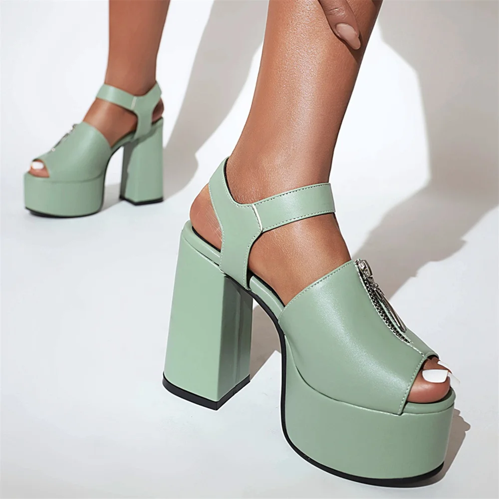 Metal Zipper Embellished Super High Chunky Heel Square Toe Peep Toe Sandals High Waterproof Platform Ankle Belt Buckle Sandals