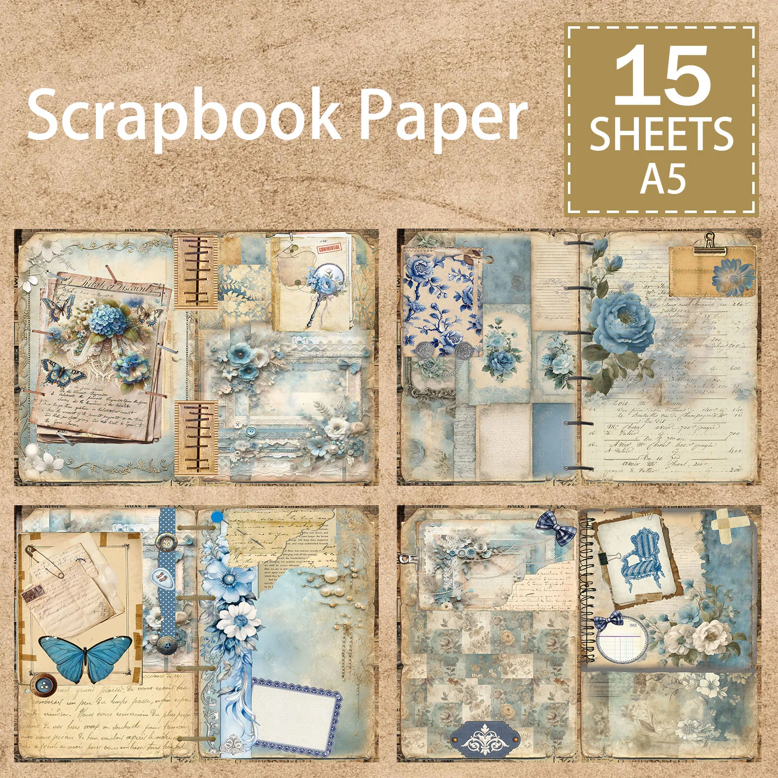 15 Sheets A5 Size Blue Collage Flowers Label Butterfly Collage Background Vintage Grunge Journal Planning Scrapbooking