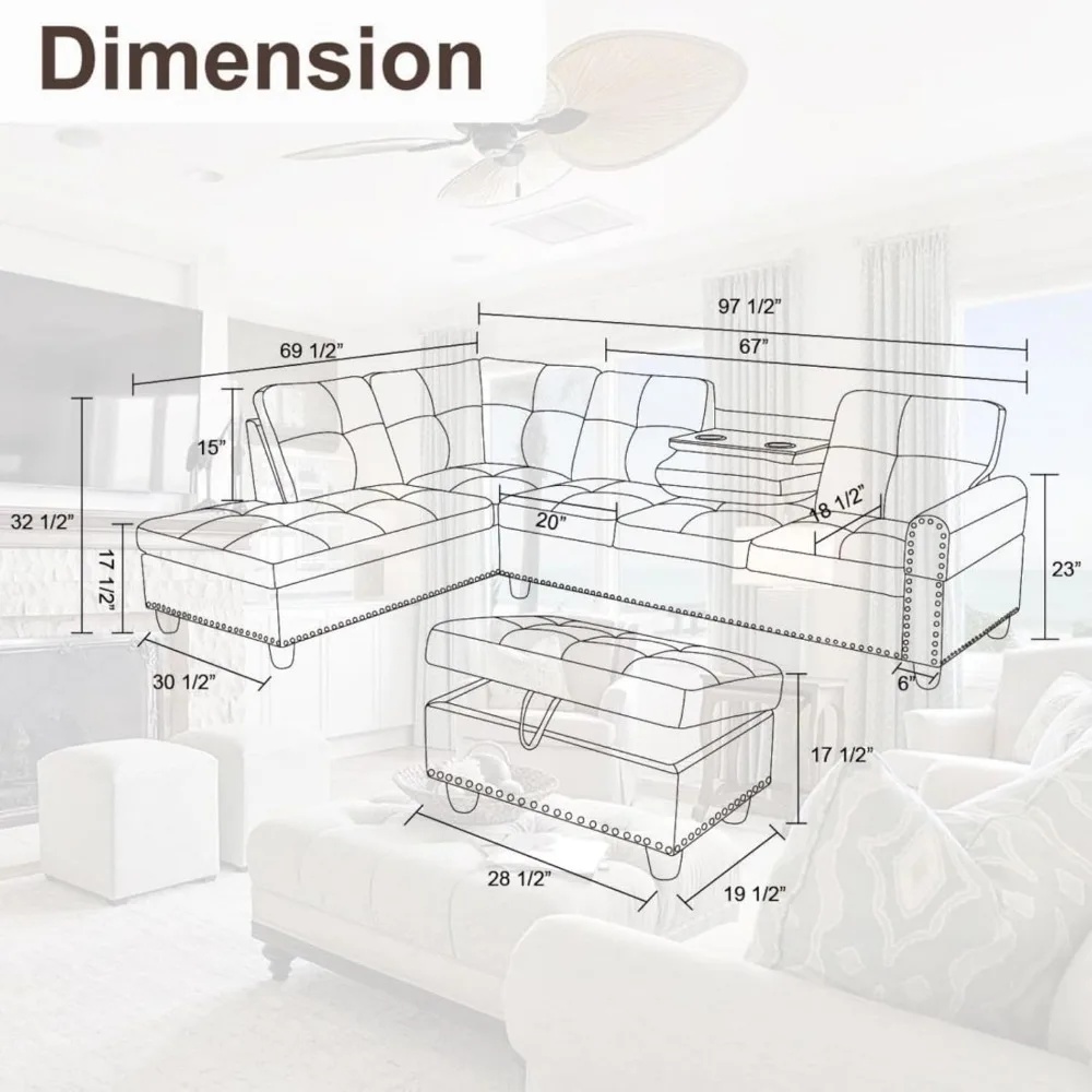 L Shaped Sofa with Ottoman Modern Sectional Couches for Living Room, Bedroom, Office, Earth-brown living room furniture muebles