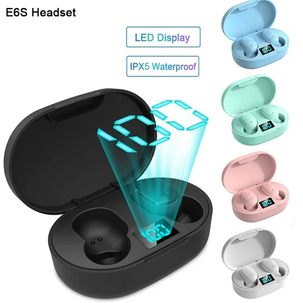 ชุดหูฟังไร้สายแบบ E6S หูฟัง LED ไมค์หูฟังพร้อมเคสชาร์จกันน้ำสำหรับกีฬาทำงาน