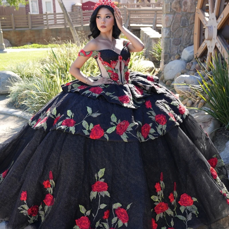 Schwarze Quinceanera-Kleider aus der Schulter, Applikation, Spitze, Perlenstickerei, Tüll, Party, Geburtstag, süßes 16-Kleid, Vestidos 15 De Anos