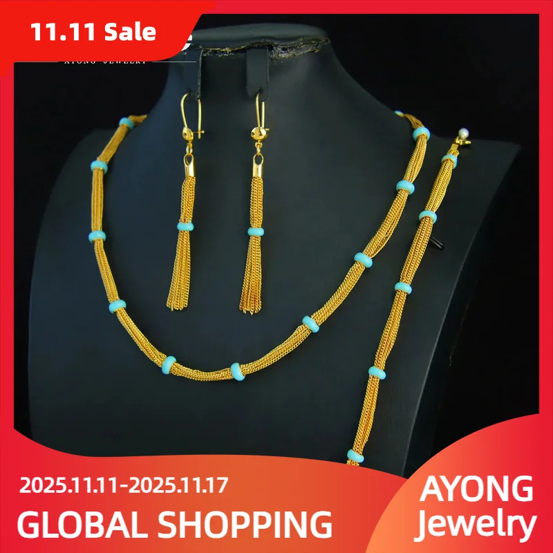 

Dubai Fashion Jewelry Set 21k Gold Plated Italian Tassel Necklace Bracelet Earrings Nigeria Women Vintage Wedding Jewelrys