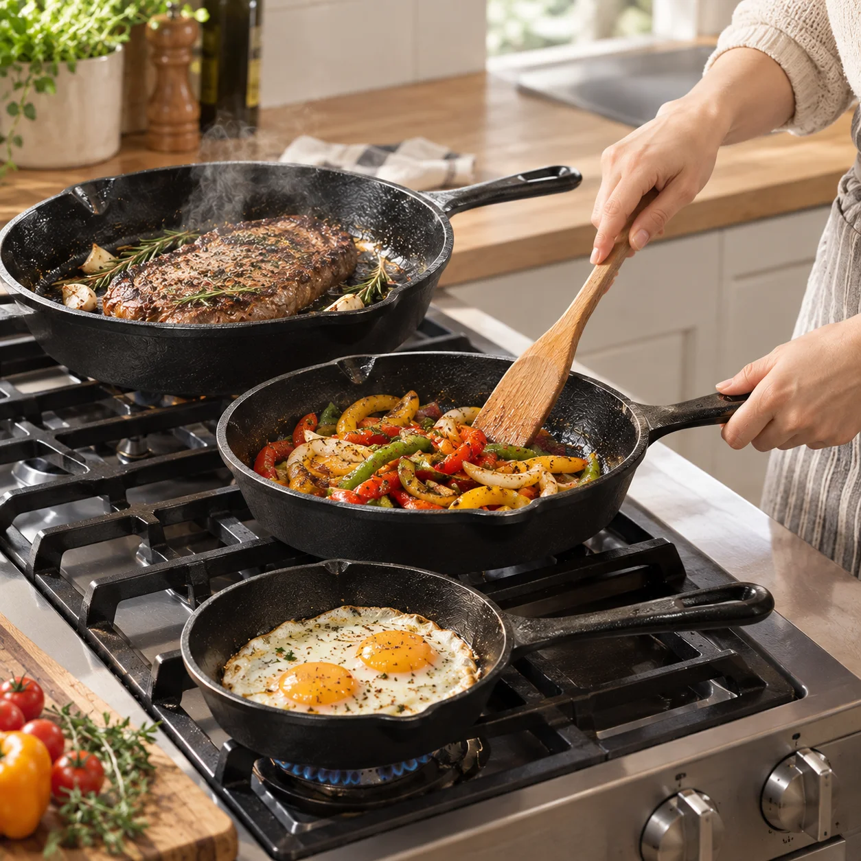 3 Pcs Pre-Seasoned Cast Iron Skillet Set, Heavy-Duty Cast Iron Frying Pans with Pour Spouts & Ergonomic Handles, Oven, Grill & All Stovetop Compatible, Ideal for Steak, Pizza, Baking and Home Cooking