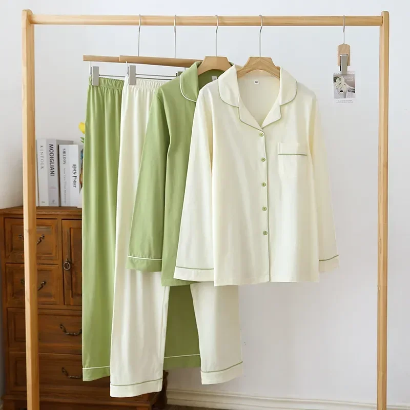 Suit Set Size 100%Cotton Summer Loungewear Sleepwear Plus Spring Long Women Home Solid Homewear Clothes Pajamas Female Sleeve