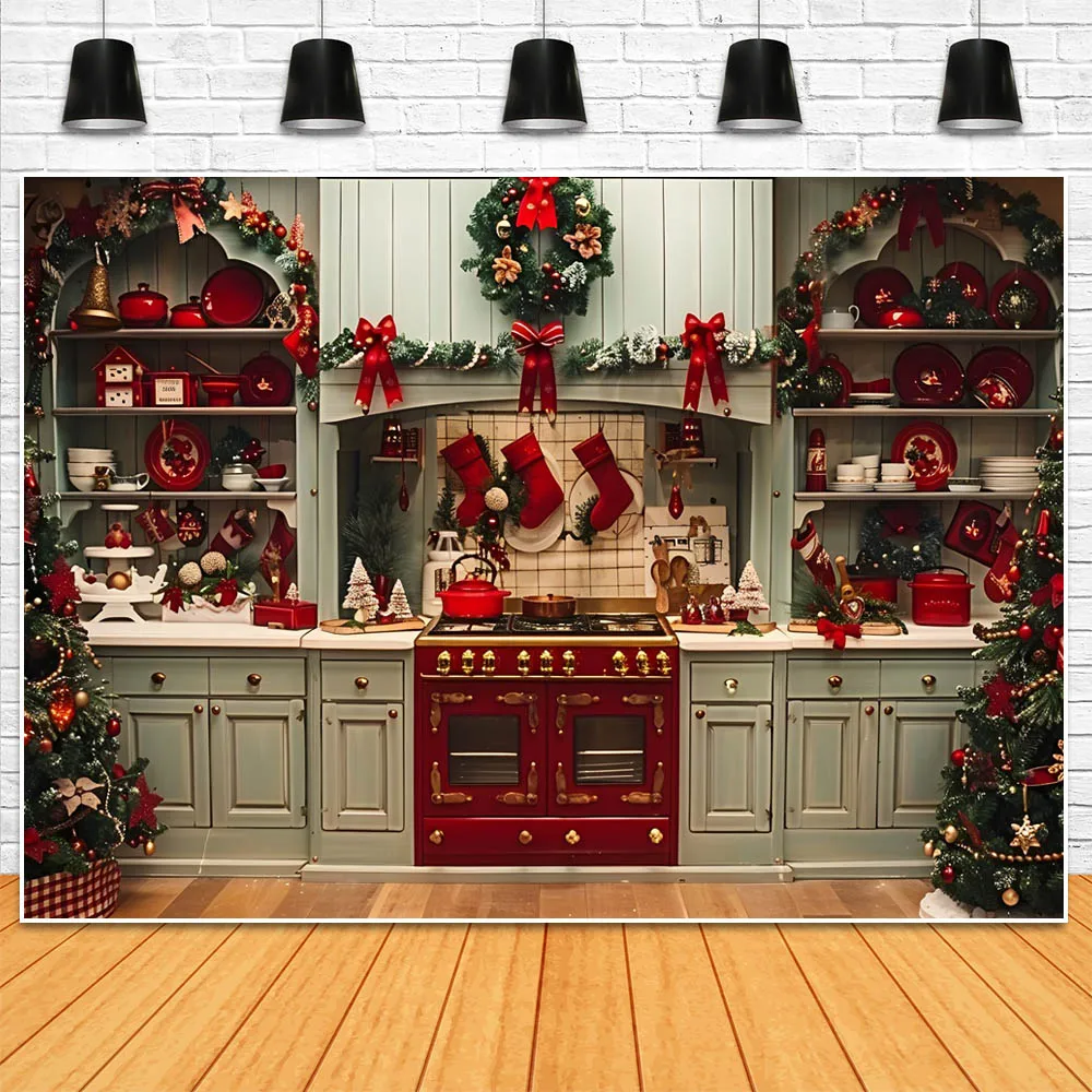 모시카 크리스마스 주방 사진 배경, 레트로 그린 캐비닛, 크리스마스 트리 화환, 가족 초상화 배경, 포토콜 소품