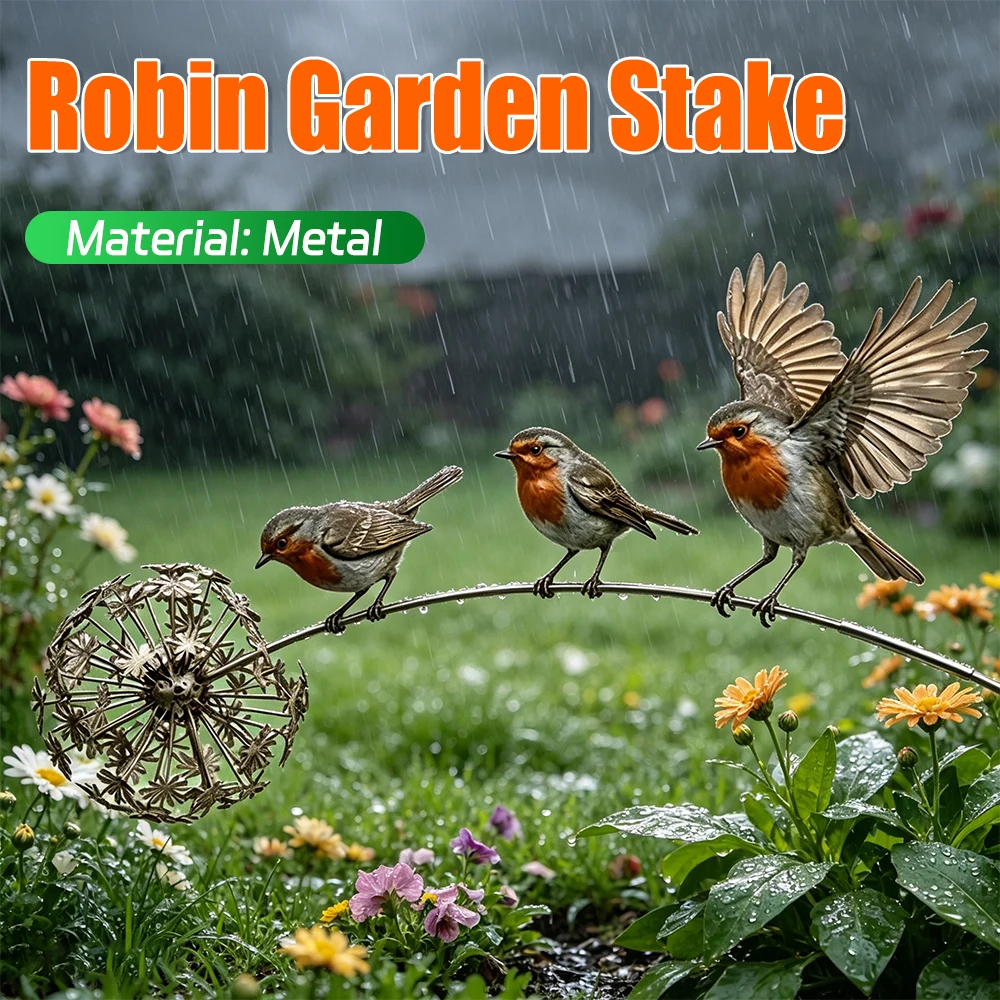 Outdoor Yard Art Stake with Dandelion Accent Rustic Robin Bird Yard Art Decoration Metal Robin Garden Ornament for Patio Lawn