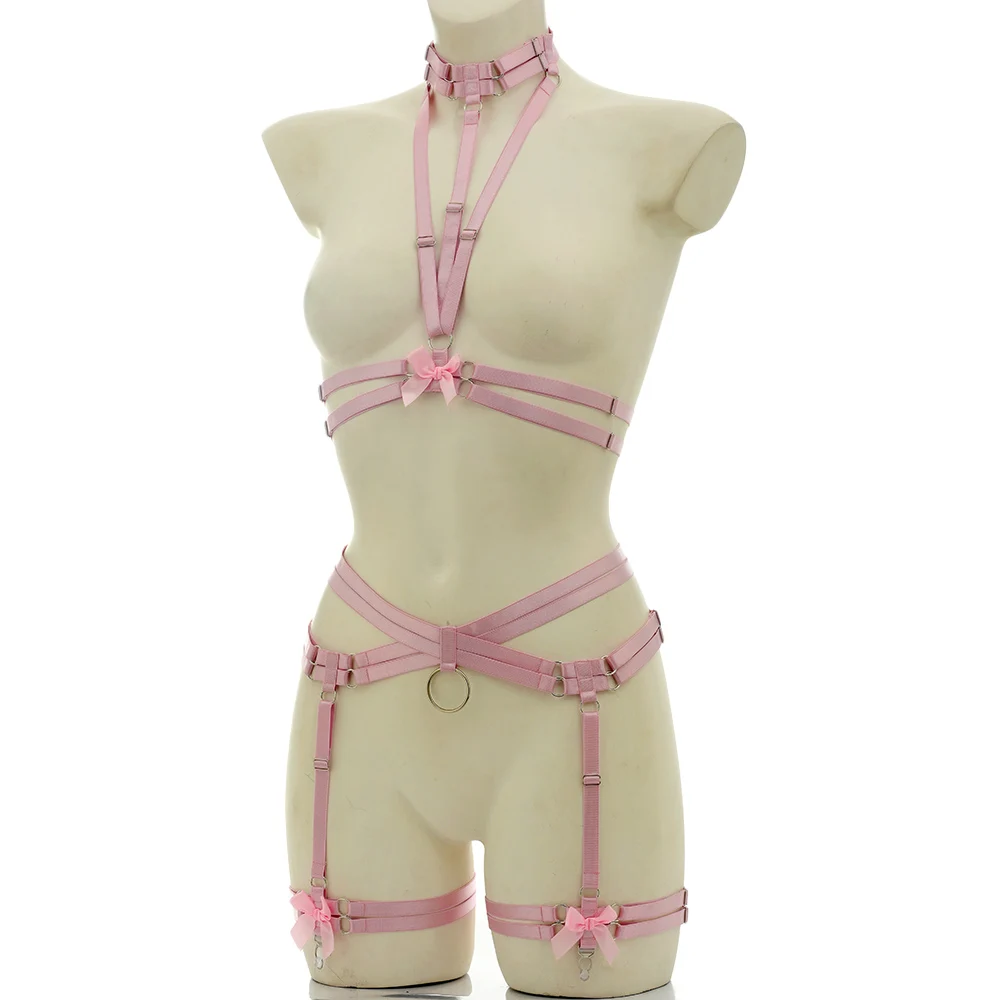 Elastic Bondage Body Harness Belt for Women Pastel Goth Bow Body Cage Hollow Adjustable Lingerie Stockings Garter Belt view 2