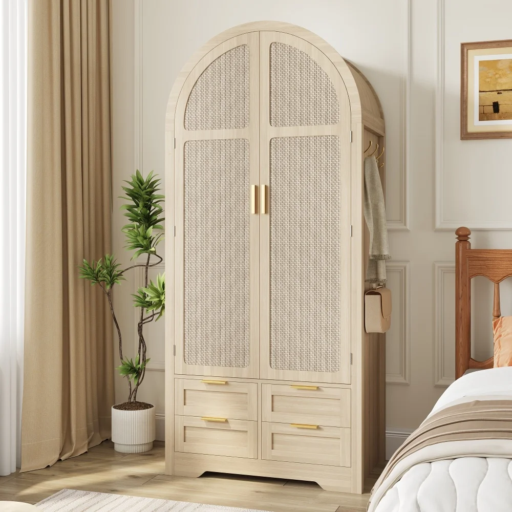 PINGGO Moderner Kleiderschrank mit Gebogenen Türen Großzügiger Stauraum Kleiderstange Schubladen Luxuriös für Schlafzimmer Eingangsbereich – Detail 8
