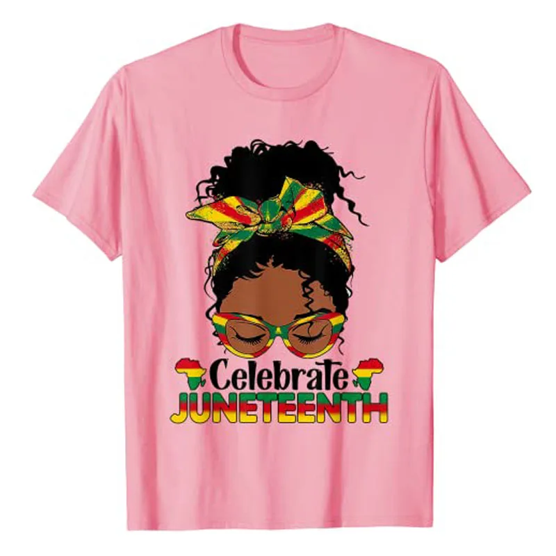 Juneteenth Celebrate 1865 Messy Bun Bandana Glasses Black Women T-Shirt Gift Fashion Funny Short Sleeve Blouses Graphic Tee Tops