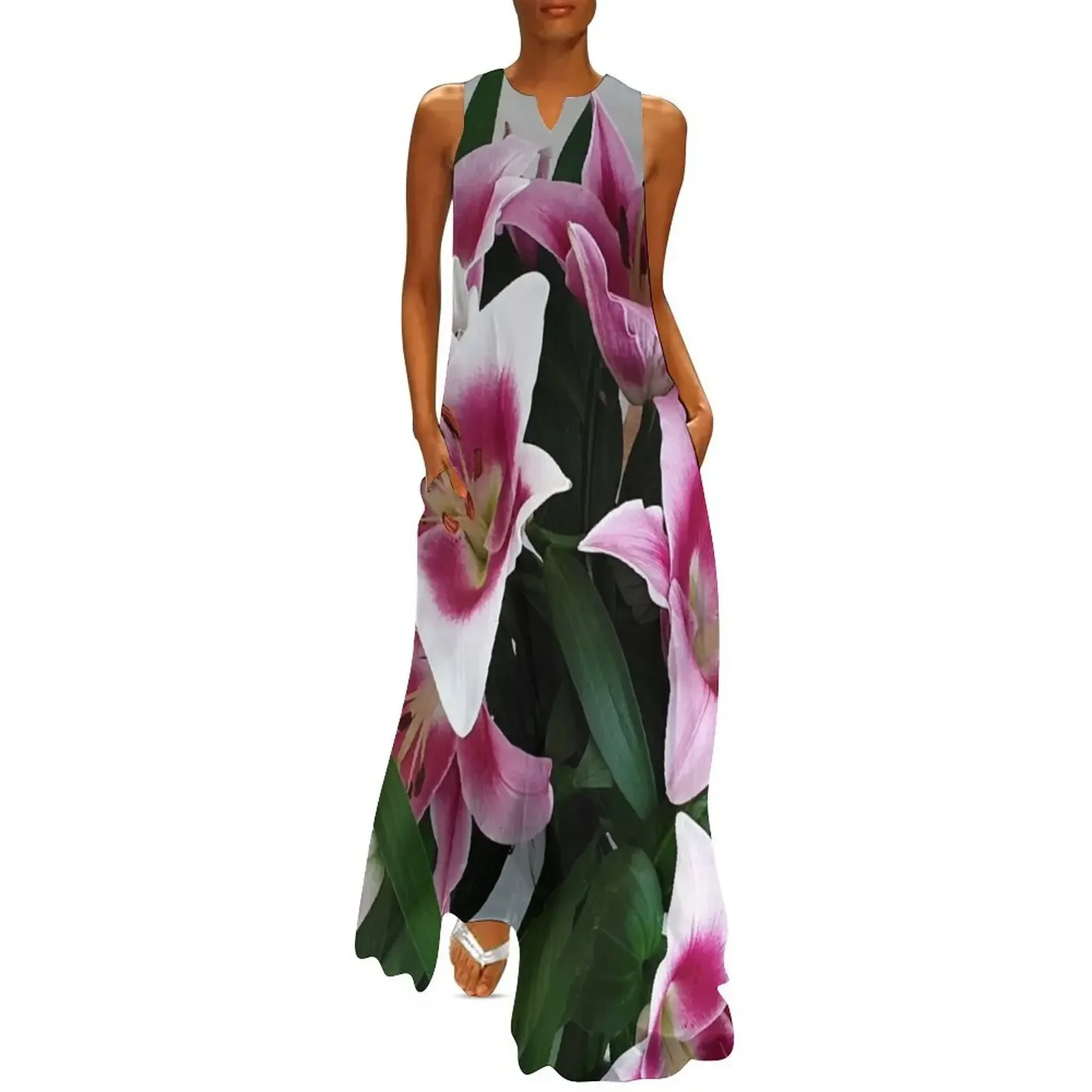 

Pink lilies Long Dress Women's skirt Women's dress luxury dress long dresses for women