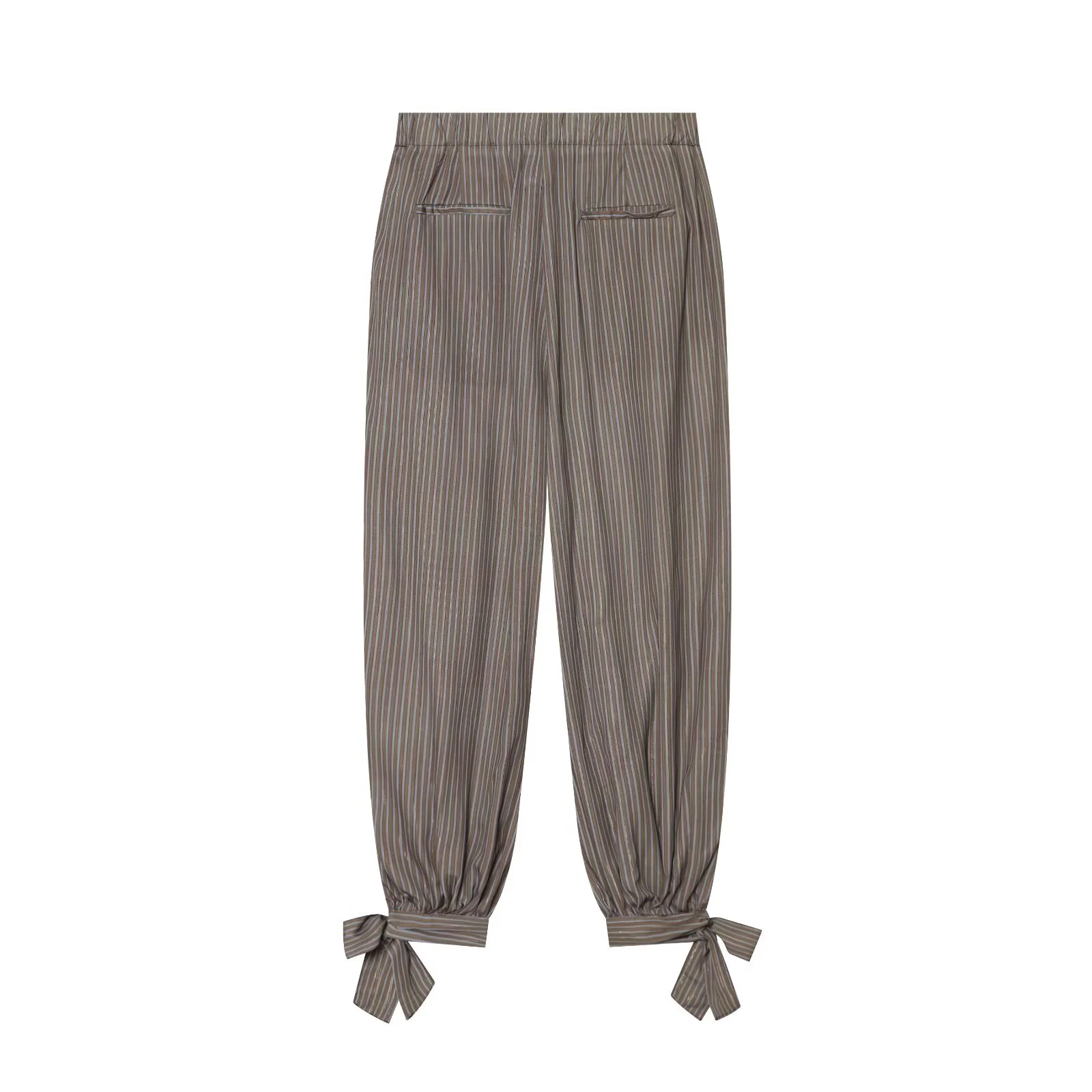 European and American women's retro casual high waisted striped lantern pants, women's bow decoration linen blended pants