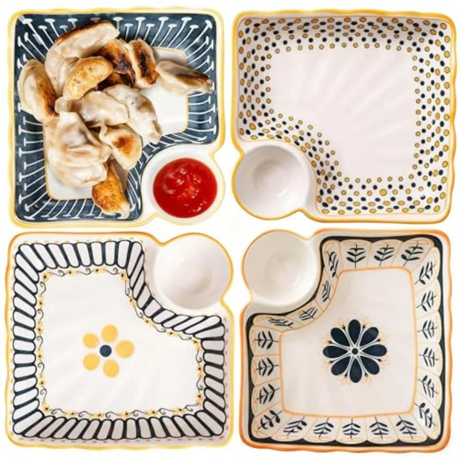 

4 Pack Colorful Square Ceramic Dumpling Plate with Dipping Saucer 7.5 Japanese Sushi Platter for Serving Snacks Desserts Salads