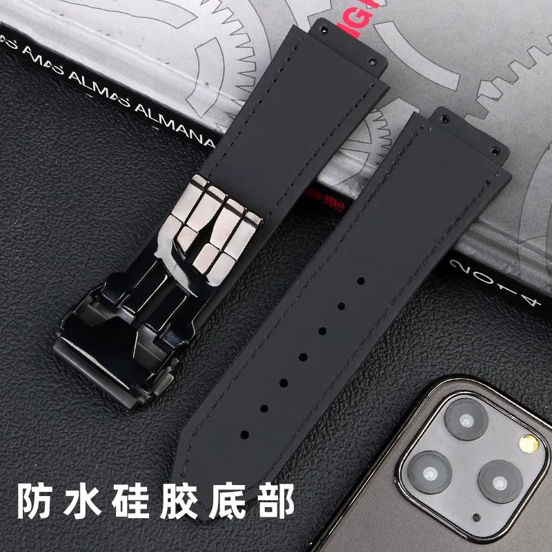 Para hublot grande banda clássico fusão fundo de silicone couro 19mm junta convexa padrão nó bambu/cinta fosco preto marrom