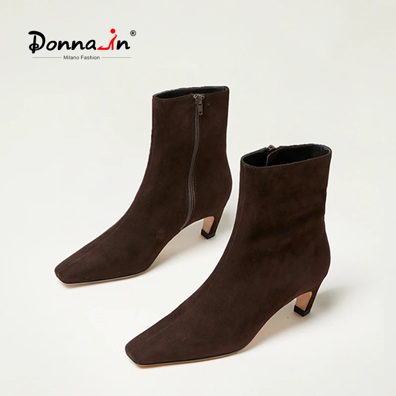 Donna-in Natural Suede Leather Ankle Boots For Women Side Zip 5cm Kitten Heel Retro Short Boots Square Toe Luxury Boots Female