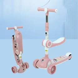 Scooters dobráveis para crianças de 2 a 10 anos, meninos e meninas, assento de placa de música, rodas flash, altura ajustável, scooter de pé para ciclismo infantil