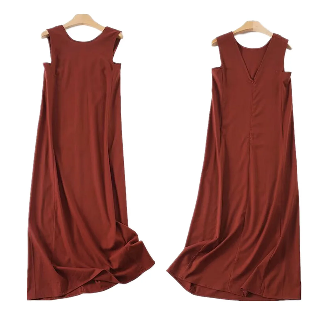 

Maxdutti French Lazy Holiday Summer 20%Linen Dress 45%viscose 35%Polyester Brick Red Women's Casual Dresses Female Clothing