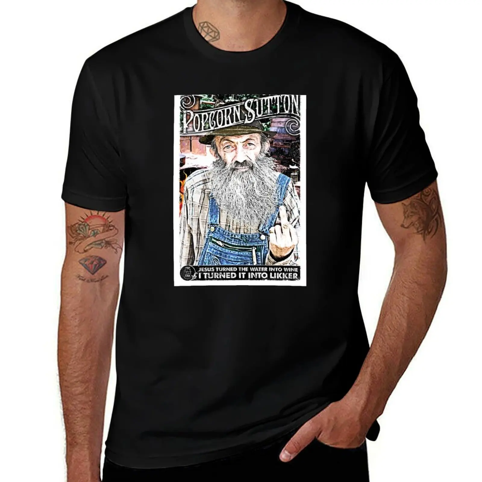 Moonshine Popcorn Sutton T-Shirt Vintage Print Crew Neck Tee