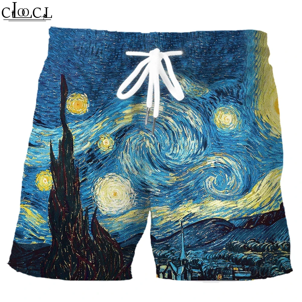 

HX Fashion Mens Shorts Van Gogh Art Oil Painting Starry Night Board Shorts Fashion Elastic Pockets Beach Pants Sportswear