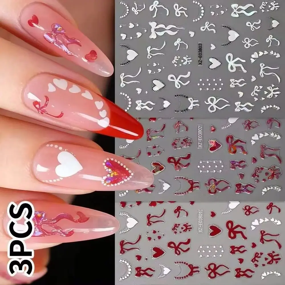 

3Pcs Ribbon Bowknot Nail Stickers Mini Kawaii Lace Bow Tie Design Self-Adhesive Decals DIY Bow Heart Sliders Manicur Decoration