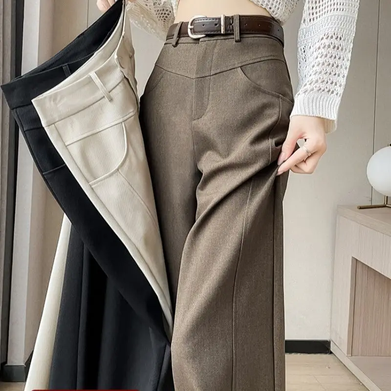 

Широкие брюки, женские весенне-осенние 2023, новый драпированный костюм с высокой талией, тонкие брюки, прямые повседневные брюки кофе