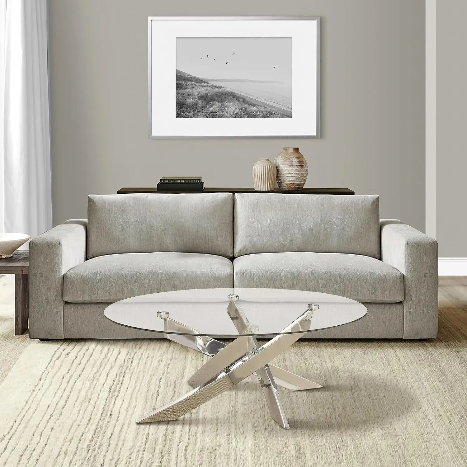Oval Glass Top Coffee Table With Criss Cross Metal Base, Customized