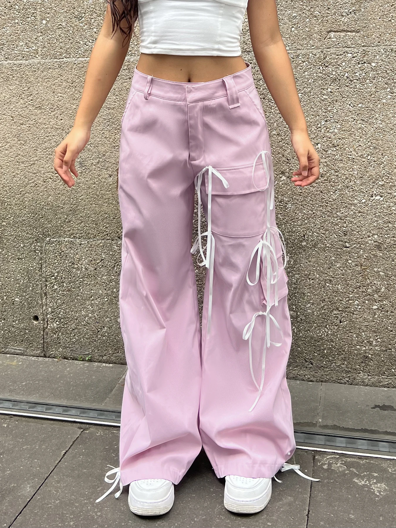 

Rockmore Bow Safari Style Big Pockets Wide Leg Pants Y2k Streetwear Mid-Waist Loose Trousers Korean Women's Thin Casual Trousers