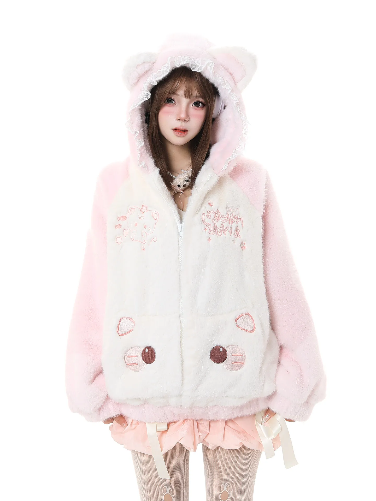 

Милое женское зимнее свободное пальто с капюшоном и кружевными ушками, утепленное флисом, теплое, пушистое, на молнии