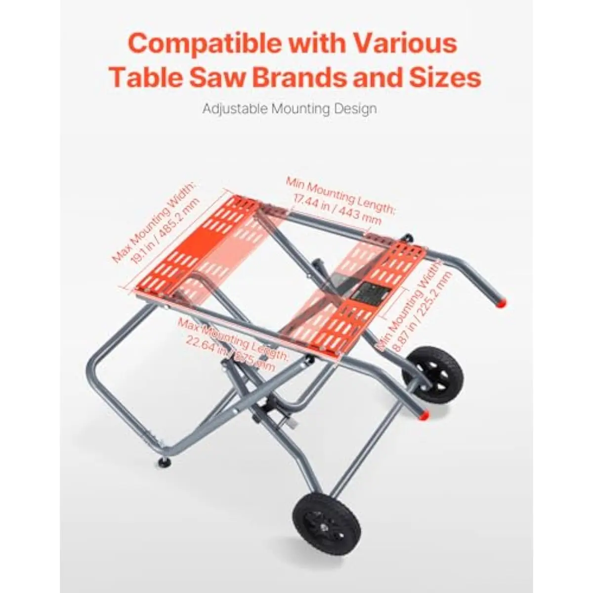 Rolling Steel Table Saw Support Stand with 8-Inch Rubber Wheels | Folds Compact for Transport | 43.3 x 29.9 x 24.4 Inches | 350-