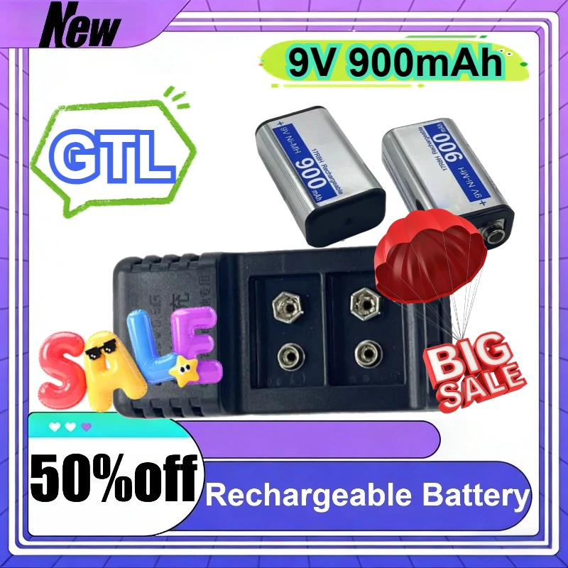 

2 шт. перезаряжаемые аккумуляторы GTL 9V 900 мАч с зарядным устройством 17R8H для беспроводного микрофона и мультиметра