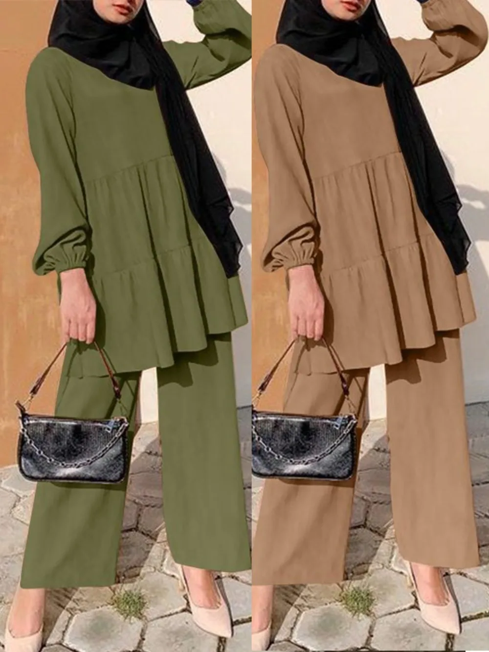 طقم نسائي مسلم مكون من قطعتين بلوزة بنطال ذو قصة أرجل واسعة بدلة رمضان عيد دبي إسلام عربي متواضع ملابس سعودية مجموعات Musulman #1