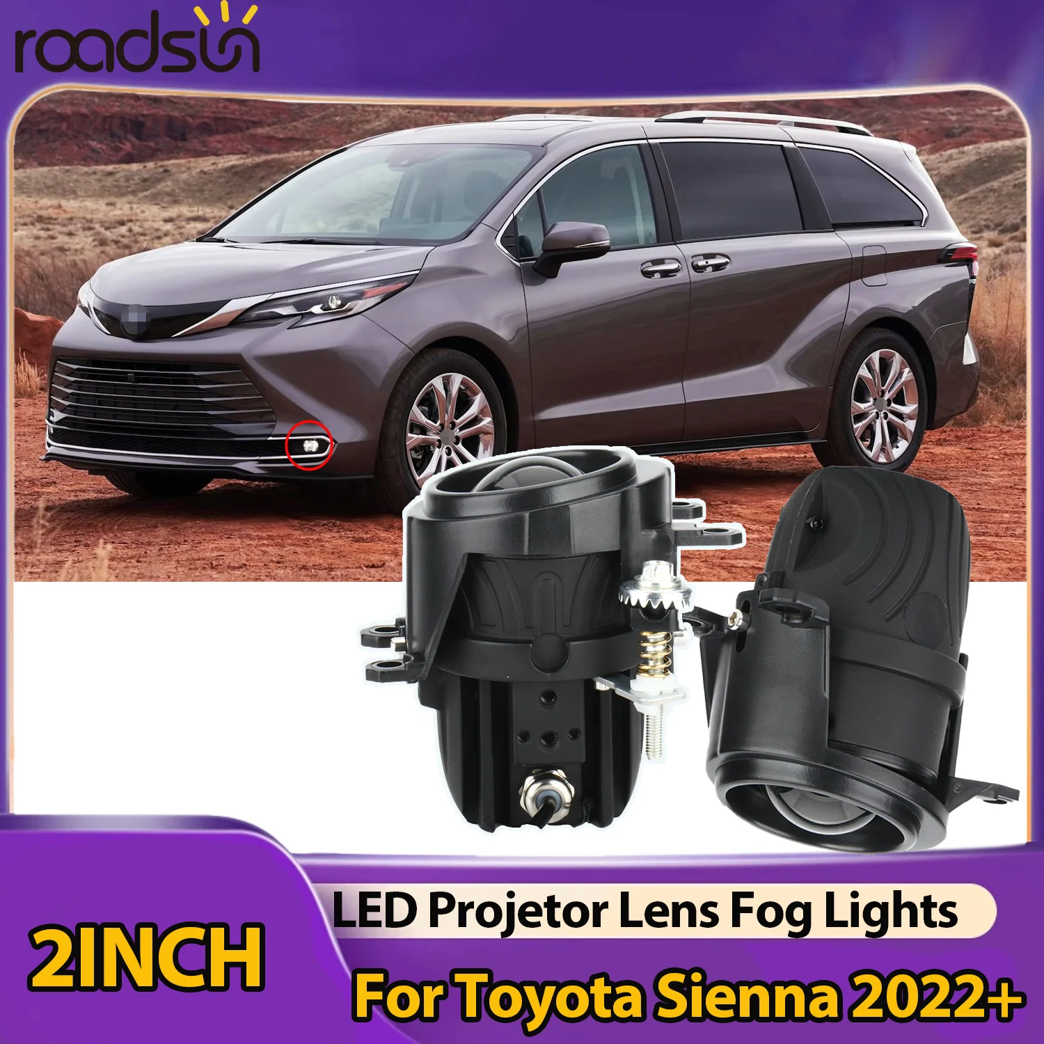 ROADSUN 2.0 Inch Bi-LED Projector Fog Lights H11 3 Color Yellow White High Low Beam Super Bright For Toyota Sienna 2022-up