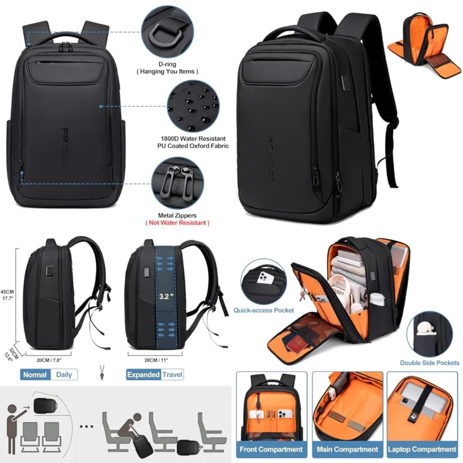 

Travel Backpack 15.6 Inch, Water Resistant Backpack with USB Charging Port, Black Laptop Bag for Work/Commuter/College