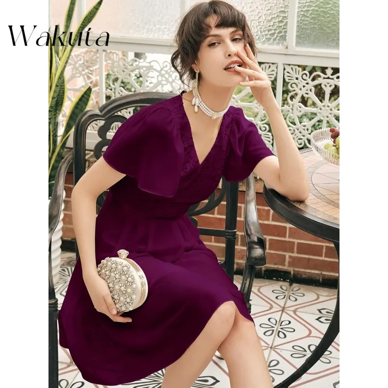 Wakuta-Robe de Cocktail Classique Française, Col en V, Manches à Volants, Vintage, Taille Amincissante, Robes d'Anniversaire, Ligne A, Éducative, Remise de Diplôme