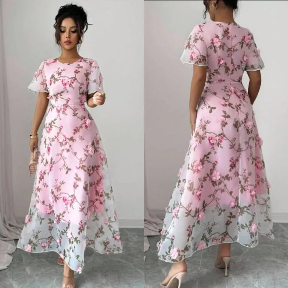 

High Quality Customized Ankle Length Flowers Short Sleeves O-neck Vestidos Elegantes Para Mujer Evening Dresses فساتين سهره Robe