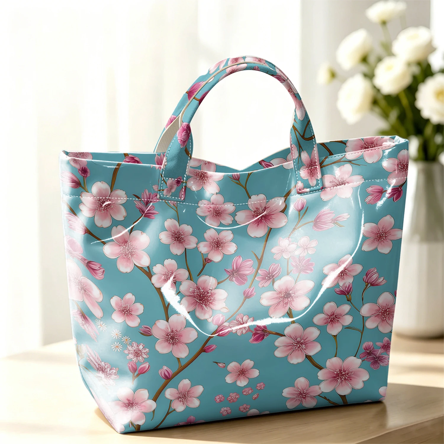 Cherry Blossom Branch Fashion Large Glossy PVC Tote Bag Hand Washable Waterproof Perfect Travel Commute Cosmetic Storage Shopper
