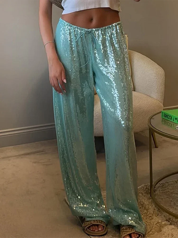 Fashion Women Long Pant Sequined Lace Up Shiny Female Wide Leg Pant Chic Summer All-match Lady Solid Loose Streetwear 2026