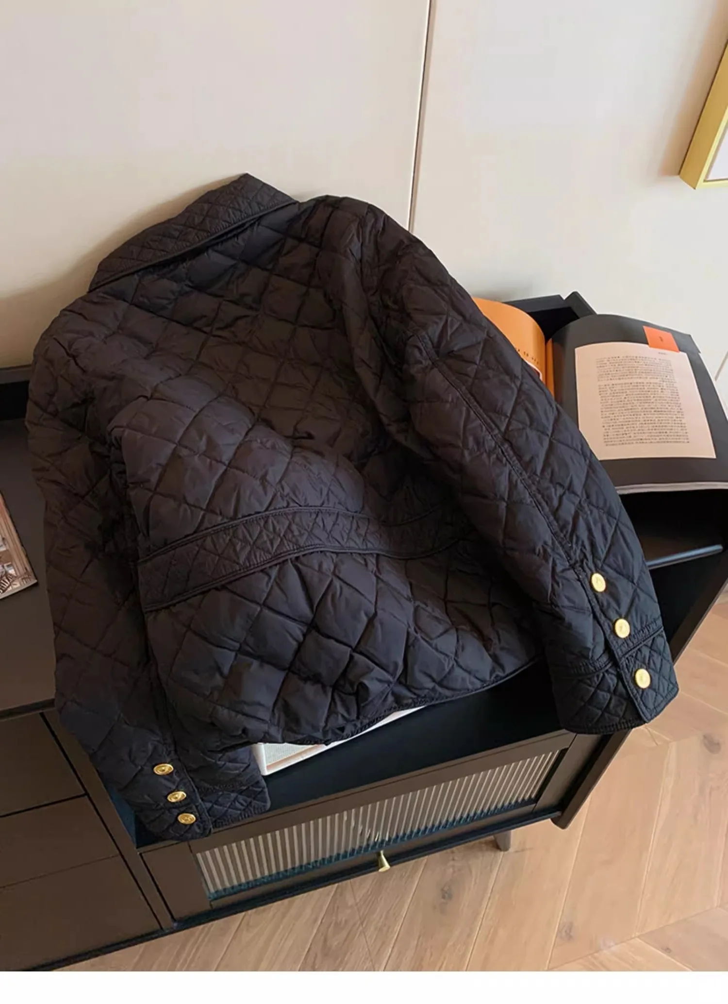 Fashion Black Women Quilted Jacket Autumn Winter Turn Down Collar Plaid Short Cotton Padded Coat Lightwight Versatile Outerwear