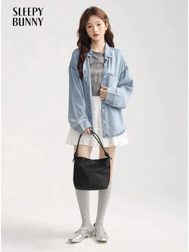 

Retro Washed Blue Denim Shirt Oversized Long Sleeve Jacket Top Classic Letter Print Short Sleeve T Shirt Casual Two Piece Outfit