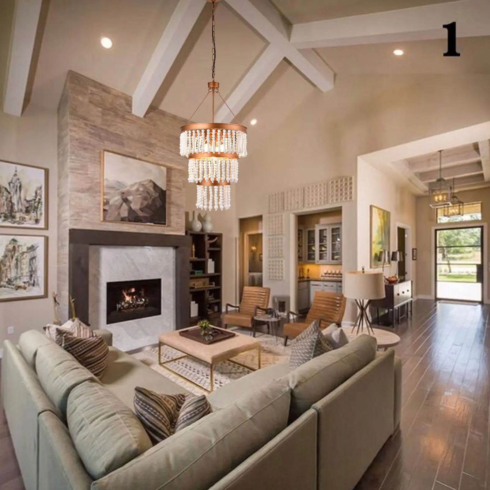 TS-HSLT-650 Lampada a sospensione con perline di legno in oro - Diametro 16 pollici * Altezza 29,5 pollici, lunghezza catena 59 pollici - Senza sorgente luminosa E12 * 5-