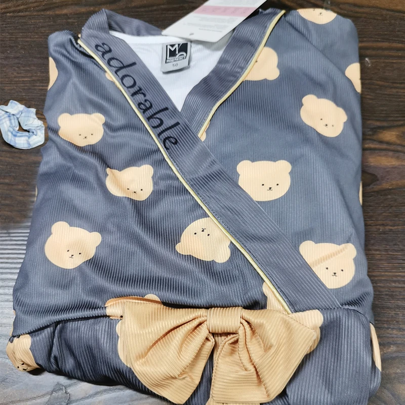 

4 Piece Set of Cartoon Bear Women Bow Pajamas Student Loungewear Fall and Winter Sleepwear Homewear with Hair Tie High Quality