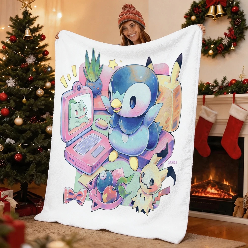 Pokemon Pikachu Gengar Bulbasaur Charmander Squirtle Psyduck Flannel Throw Blanket Soft Warm Blanket for Sofa Bed Home Decor Gif