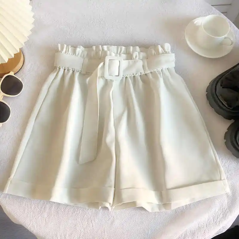 Women's Khaki A-line Shorts Vintage Harajuku Shorts with Belt Aesthetic Office Ladies Y2k Mini Short Pants 2000s Clothes Summer