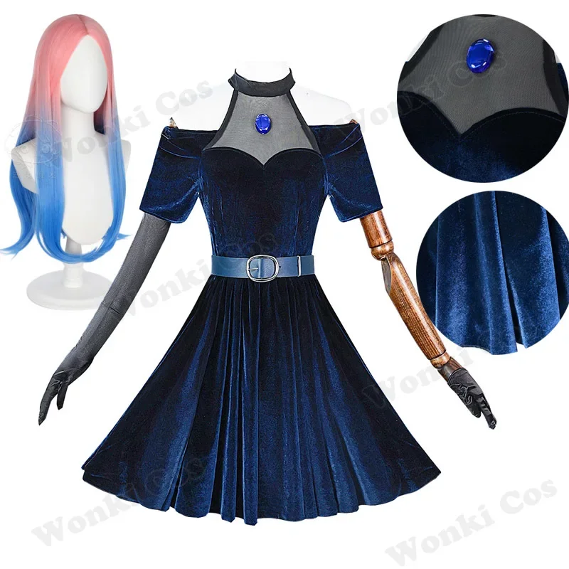 الغريبة المرحلة ميزي تأثيري حلي شعر مستعار ميزي فستان أزرق عميق للنساء أنيمي الأحداث كوميك كون ملابس الحفلات