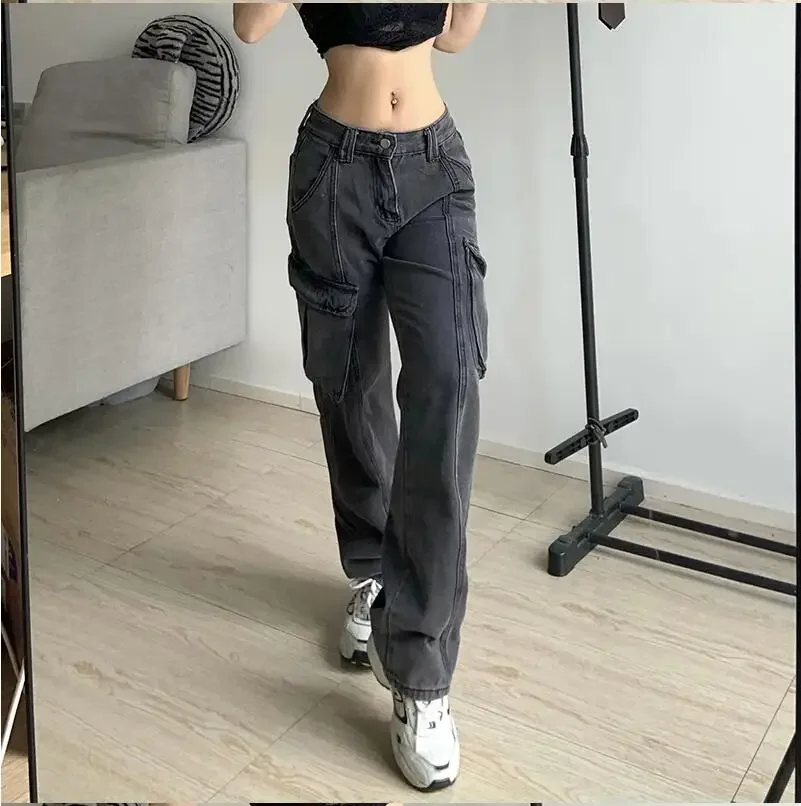 Women Y2k Cargo Jeans 2025 Autumn Big Pockets Vintage Cyber Jeans Hippie Trousers Baggy Pants Chic Straight Emo Bottoms BF