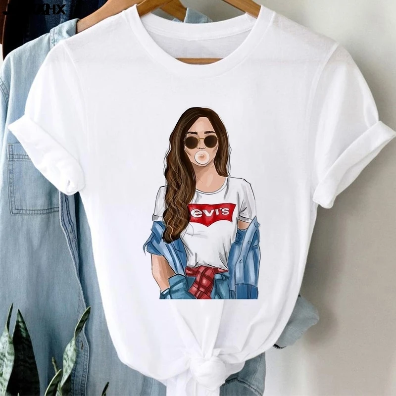 White Women's Clothing T-shirt Fashion Blowing Bubble Girl Print Ladies Tshirt Summer Harajuku Short-sleeved Tops Womans T Shirt