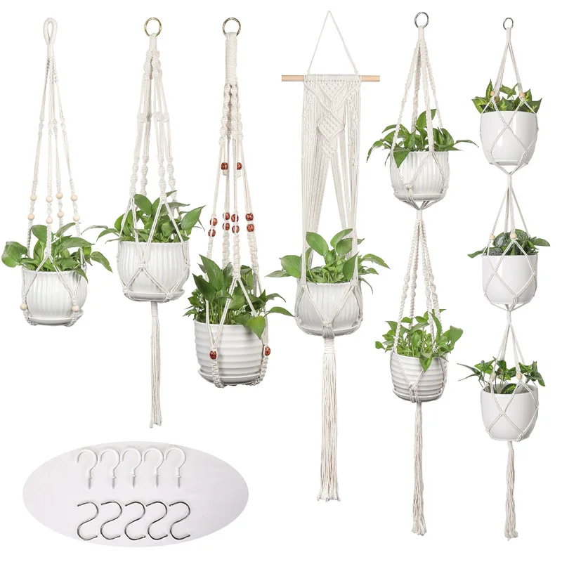 Hanging Plant Handmade Macrame Plant Hanger Flower Pot Planter Hanger Wall Decor Courtyard Garden Hanging Planter Pots Mesh Bag