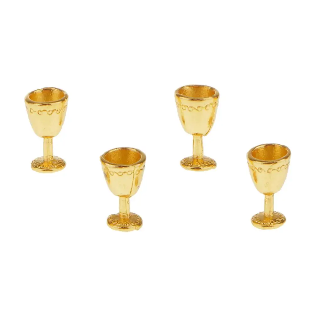 Dollhouse Miniature Dining Room Accessory Set 4 Antique Gold Metal Goblets