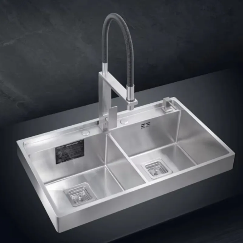 Luxury Multifunctional High-Grade Handmade Three-Hole Undermount Double Bowl Stainless Steel Kitchen Sink - view 6
