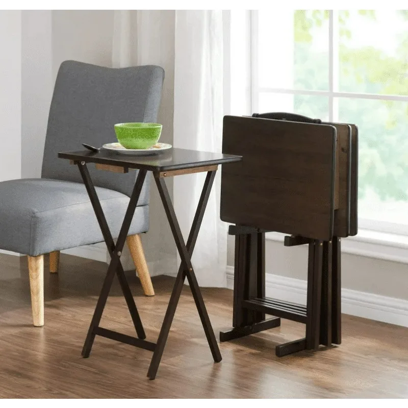 Mainstays Indoor Folding Table Set of 4 in Walnut L19 x W15 x H26 inches. 4 Tables+1 Rack Stand.