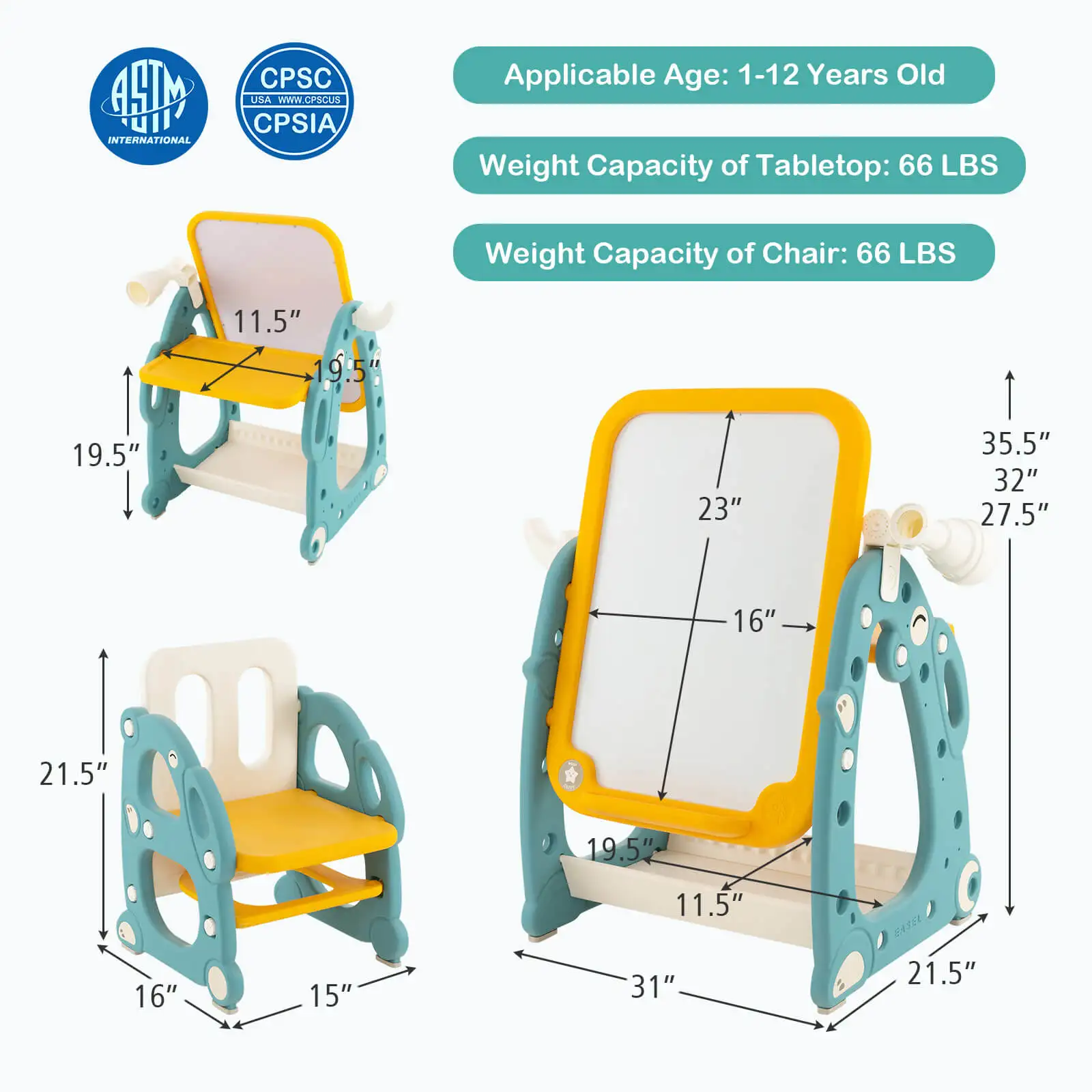 Kids Art Easel with Chair Kids Activity Table & Chair Set w/ Storage Basket